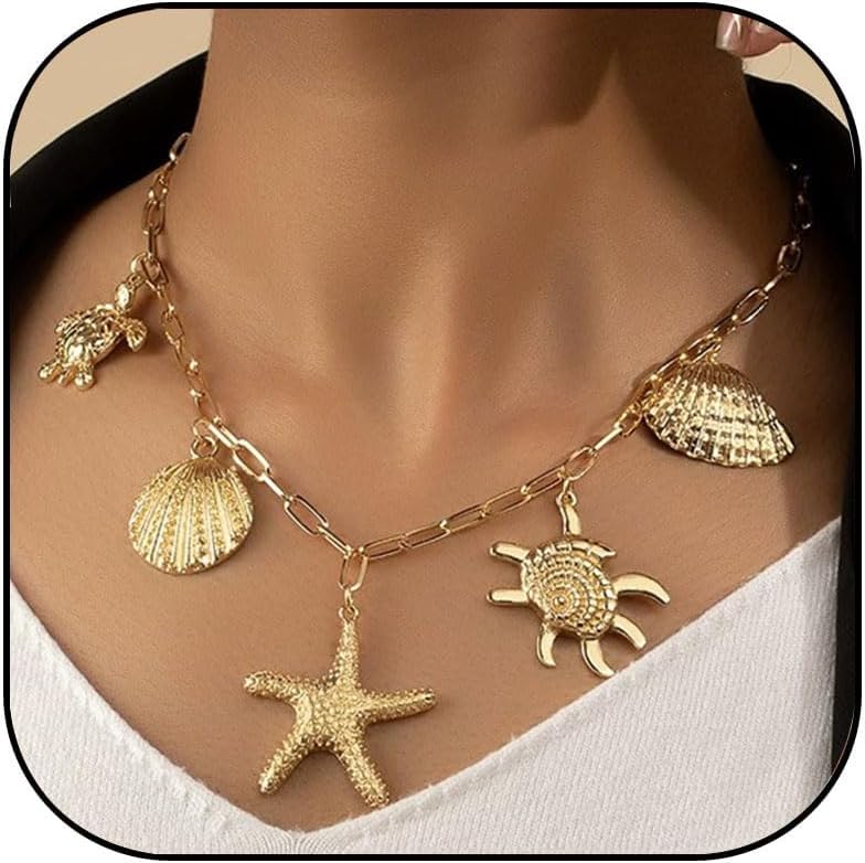 MIFYNN Gold Shell Starfish Necklace for Women Pearl Shell Necklace Layered Beaded Starfish Necklaces Summer Beach Surf Jewelry Gifts for Women - Image 1